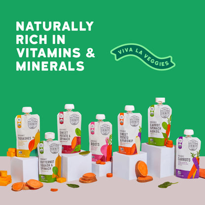 Viva La Veggies baby food pouches on a green background with 'Naturally Rich in Vitamins & Minerals' text.