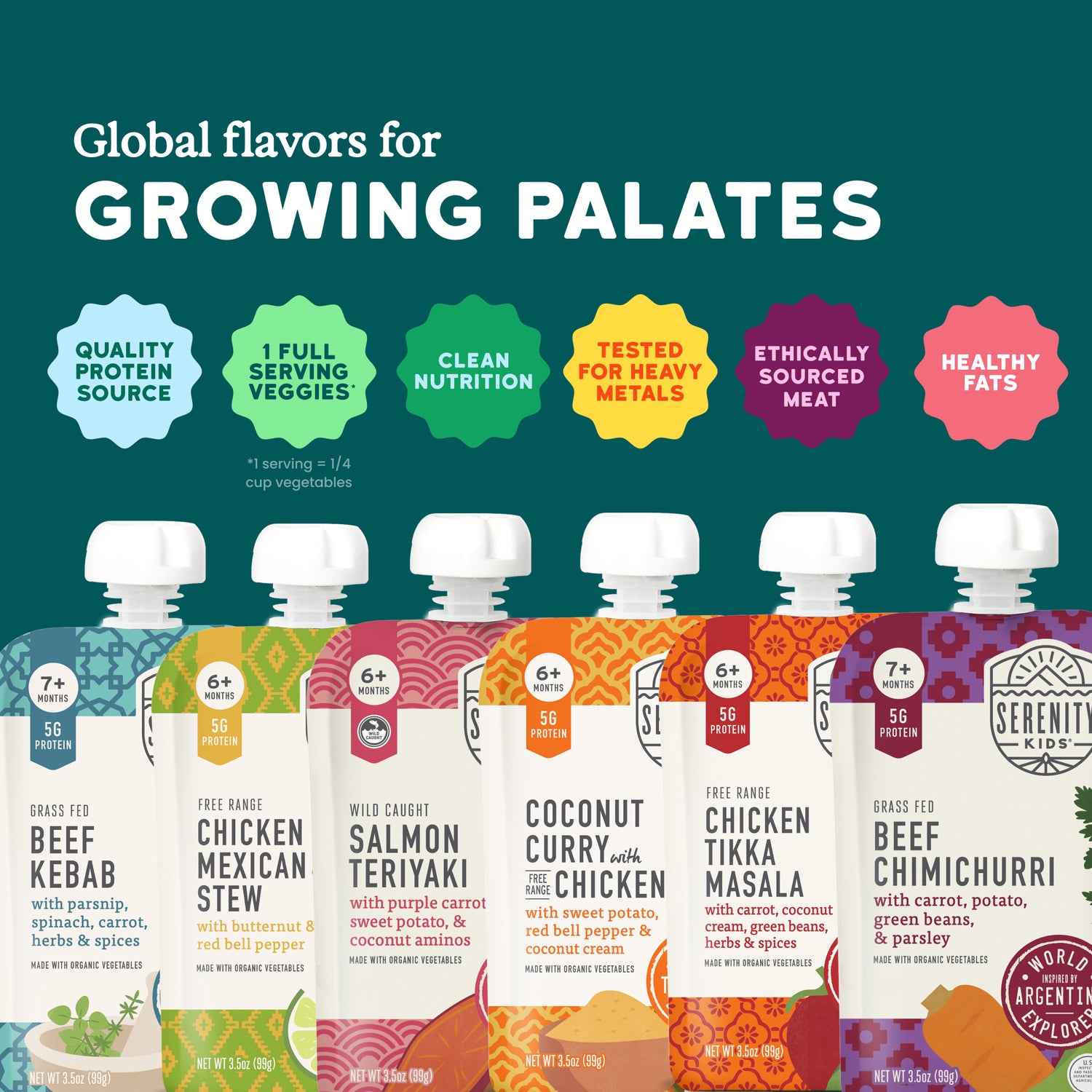 Assorted food packaging with colorful labels on a green background, featuring text about global flavors for growing palates.