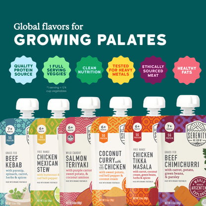 Assorted food packaging with colorful labels on a green background, featuring text about global flavors for growing palates.