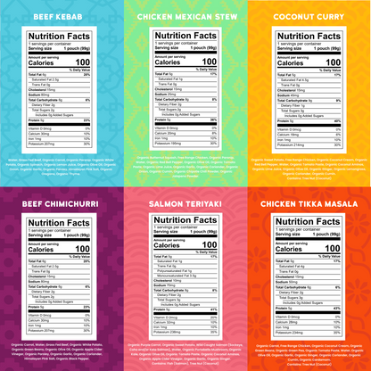 Nutrition facts labels for world explorer baby food pouches on a colorful background