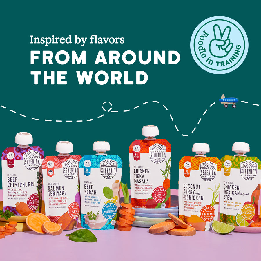 Assorted baby food pouches with a focus on global flavors, displayed against a green background.