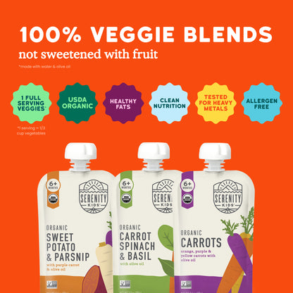 Three Serenity Kids organic vegetable pouches on an orange background with product details.