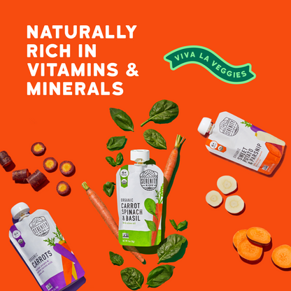 Viva La Veggies baby product packaging with vegetables on an orange background