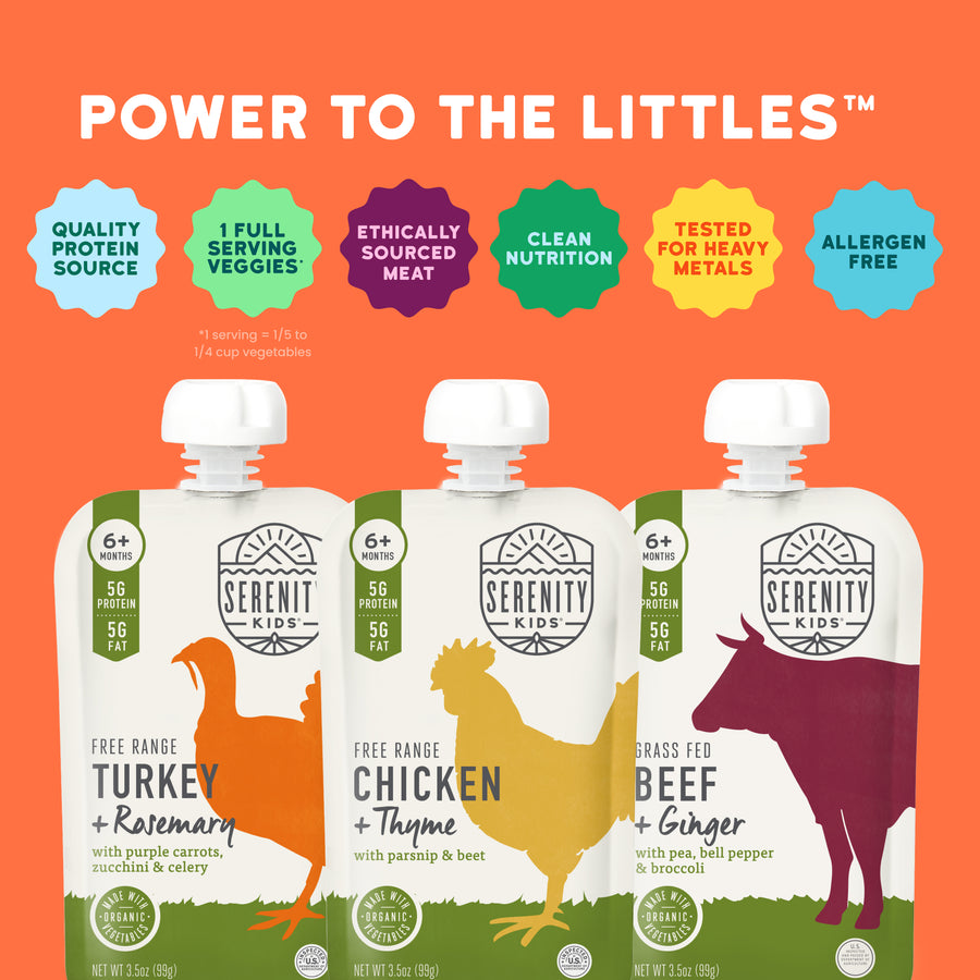 Serenity Kids food packages with illustrations of a turkey, chicken, and beef, on an orange background with 'Power to the Littles' text.
