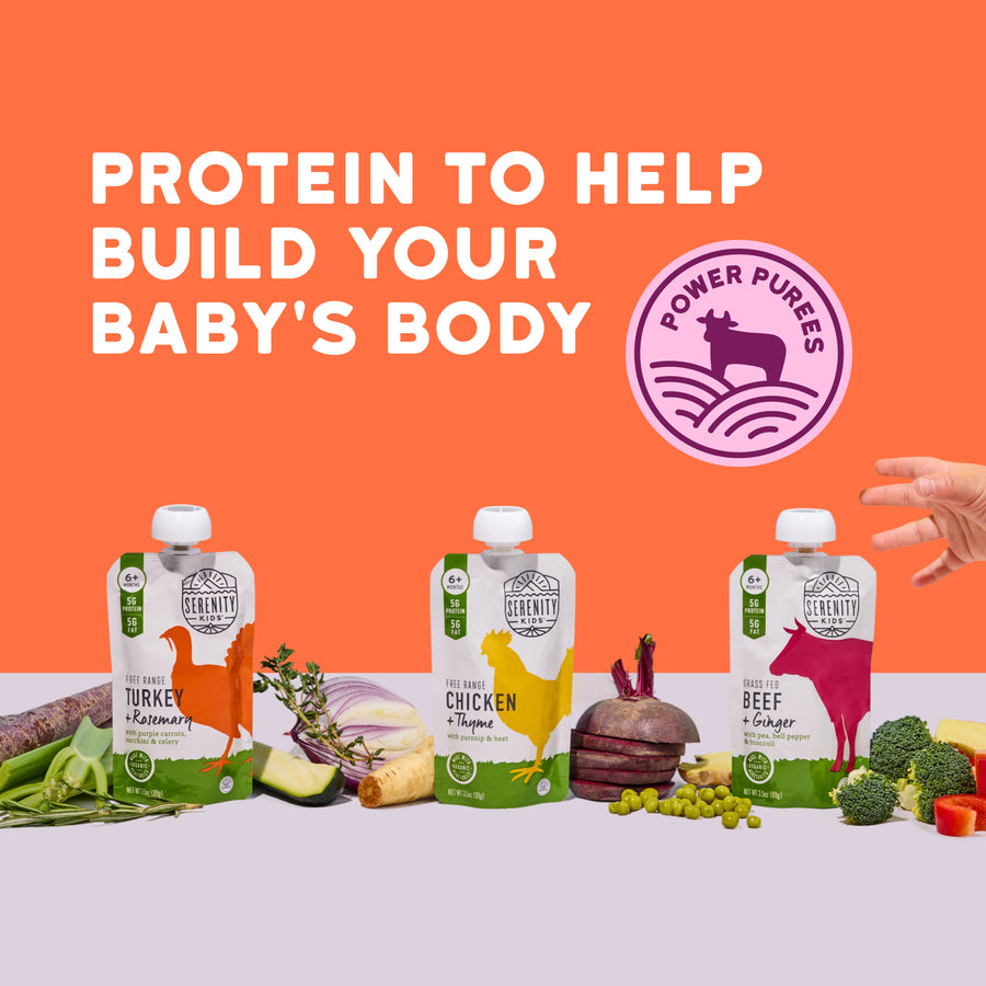 Three baby food pouches with ingredients on an orange background, featuring the Power Purees brand.