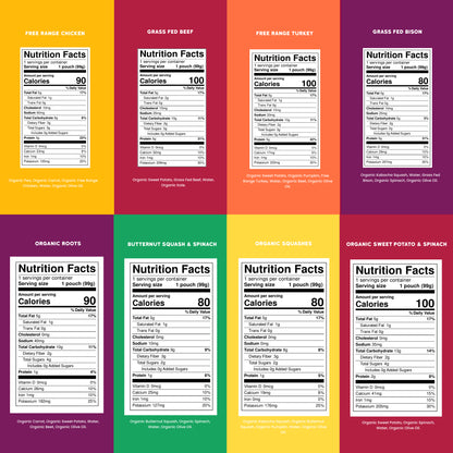 Nutrition facts labels for various baby food items on a colorful grid 