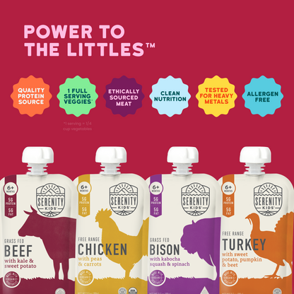 Serenity Kids food meat pouches with 'Power to the Littles' text on a red background