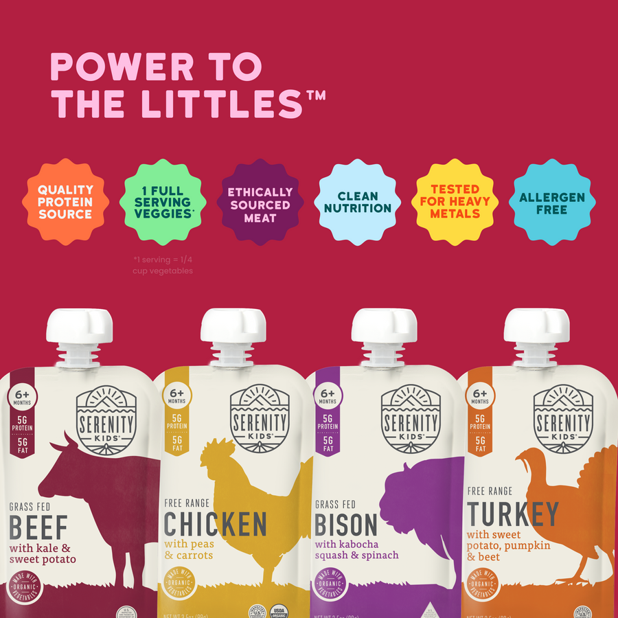 Serenity Kids food meat pouches with 'Power to the Littles' text on a red background