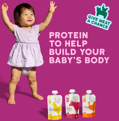 Child in a purple dress with protein product packaging and 'Give Meat a Chance' logo on a pink background