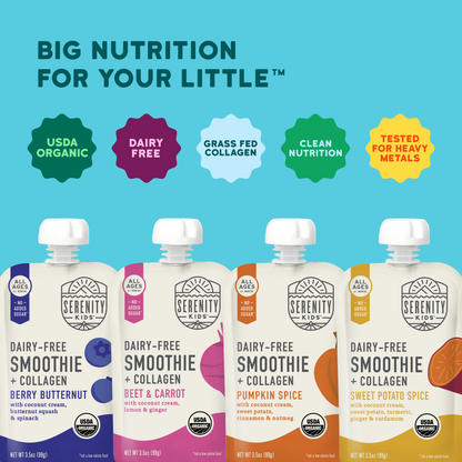 Serenity Kids dairy-free smoothie and collagen packaging with various flavors on a blue background.