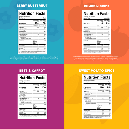 Four nutrition fact labels for dairy free smoothies on colorful backgrounds