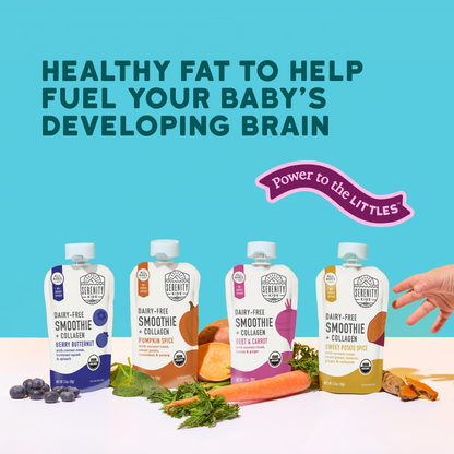 Four baby food pouches with a hand reaching for one, on a light blue background with text about healthy fat for babies' brains.