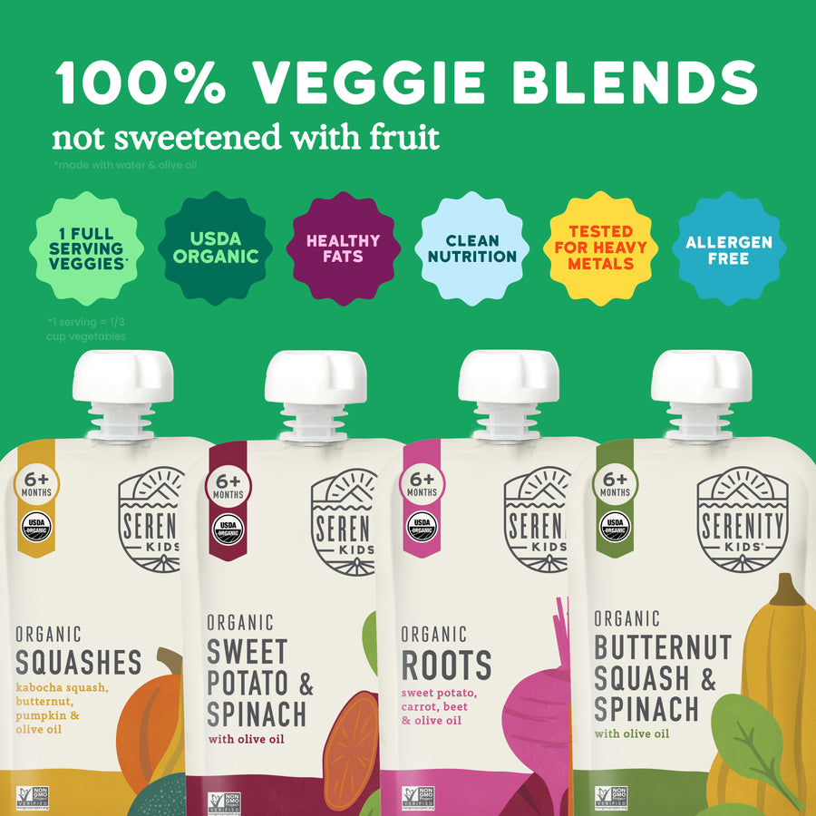 Serenity Kids organic vegetable pouches with green background and feature icons.