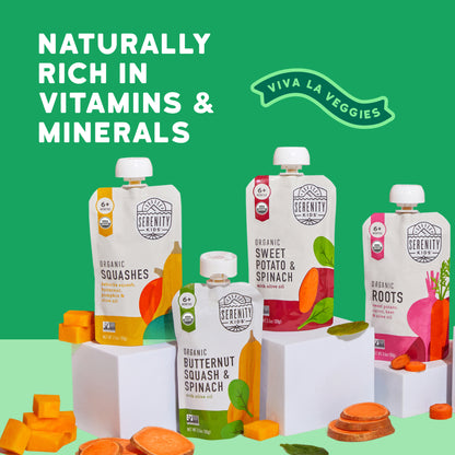 Serenity Kids organic baby food pouches on a green background with 'Viva La Veggies' branding.