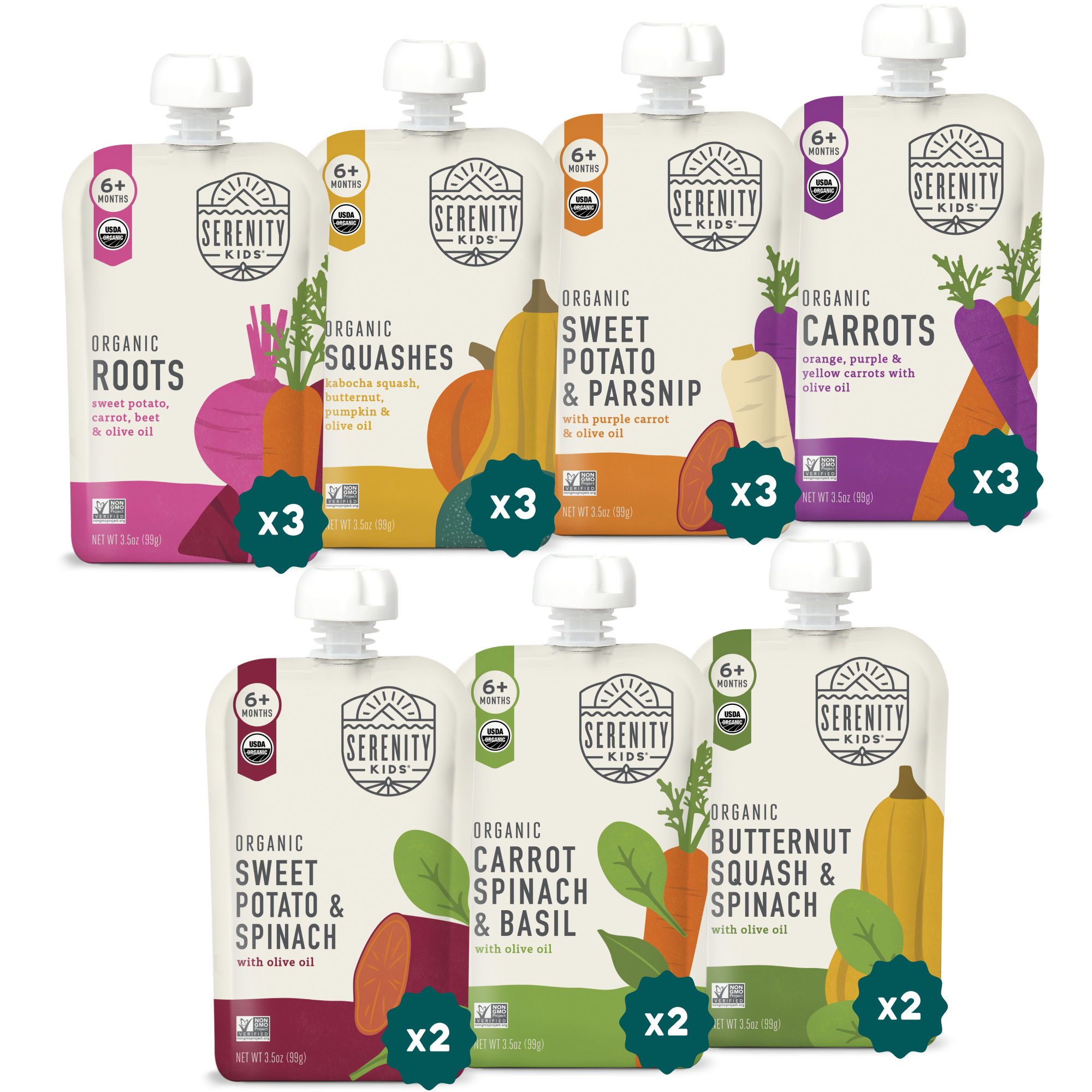 Assorted Serenity Kids organic baby food pouches on a white background