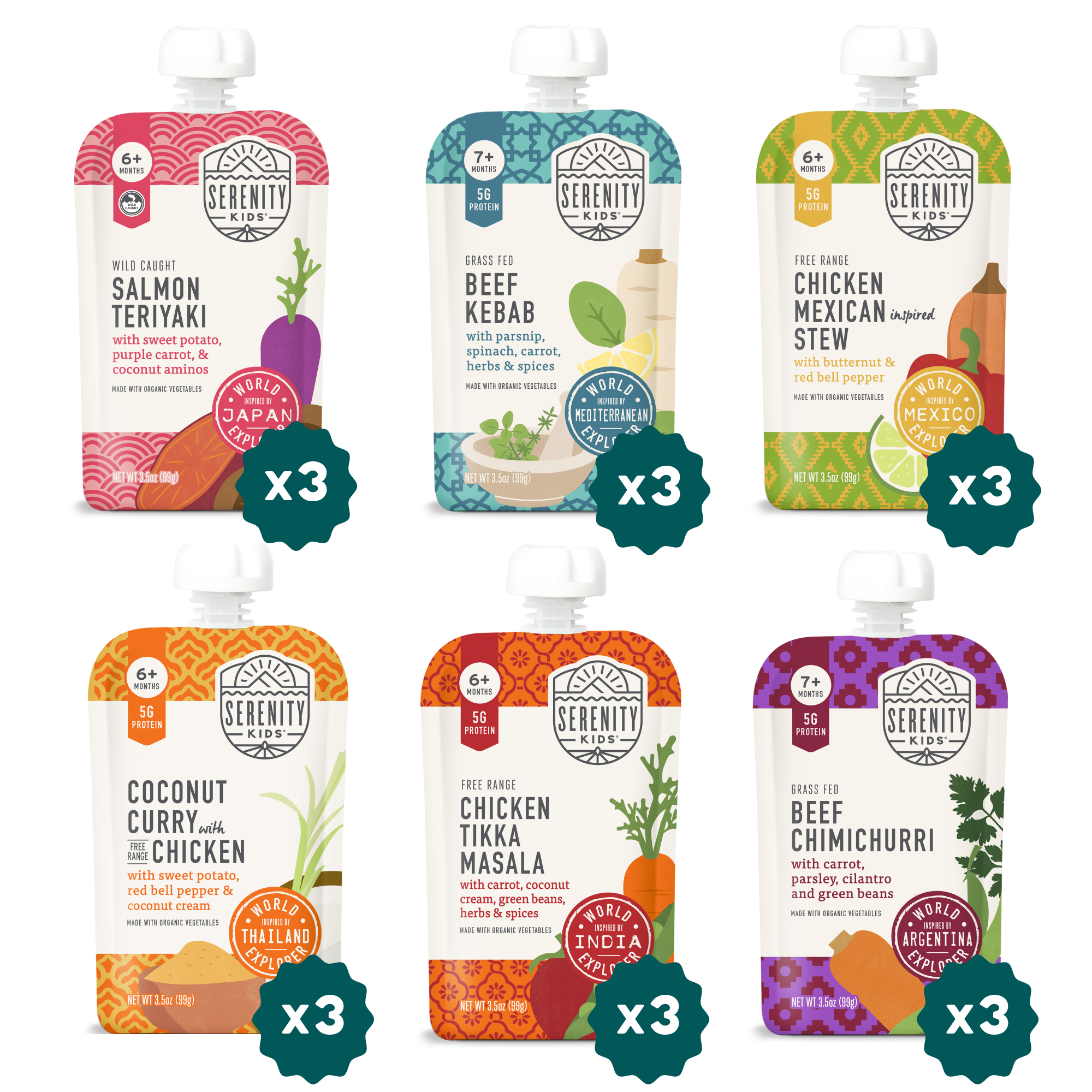 World Explorer Serenity baby food pouches on a white background 