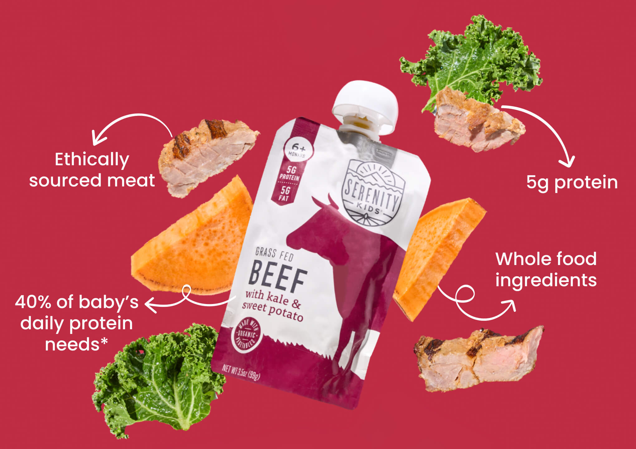Serenity Kids beef pouch surrounded by kale, sweet potato and beef pieces with feature labels