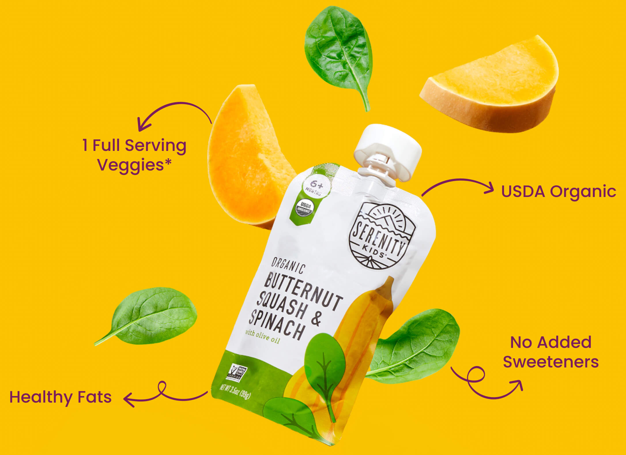 Serenity Kids beef pouch surrounded by kale, sweet potato and beef pieces with feature labels