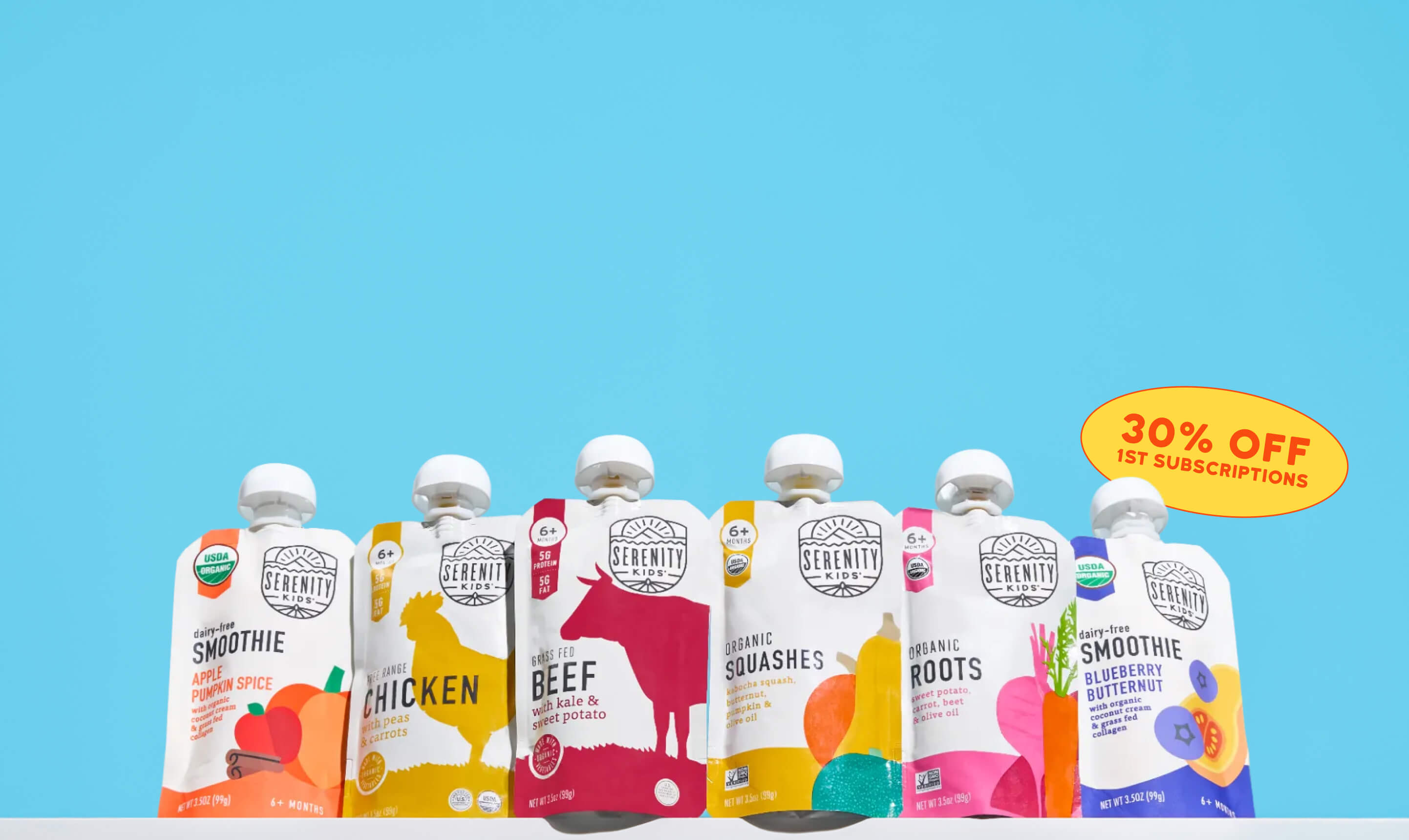 Six Serenity Kids pouches in a row — 30% off 1st subscriptions