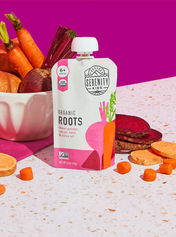 Serenity Kids Organic Roots veggie pouch with fresh carrots and beets